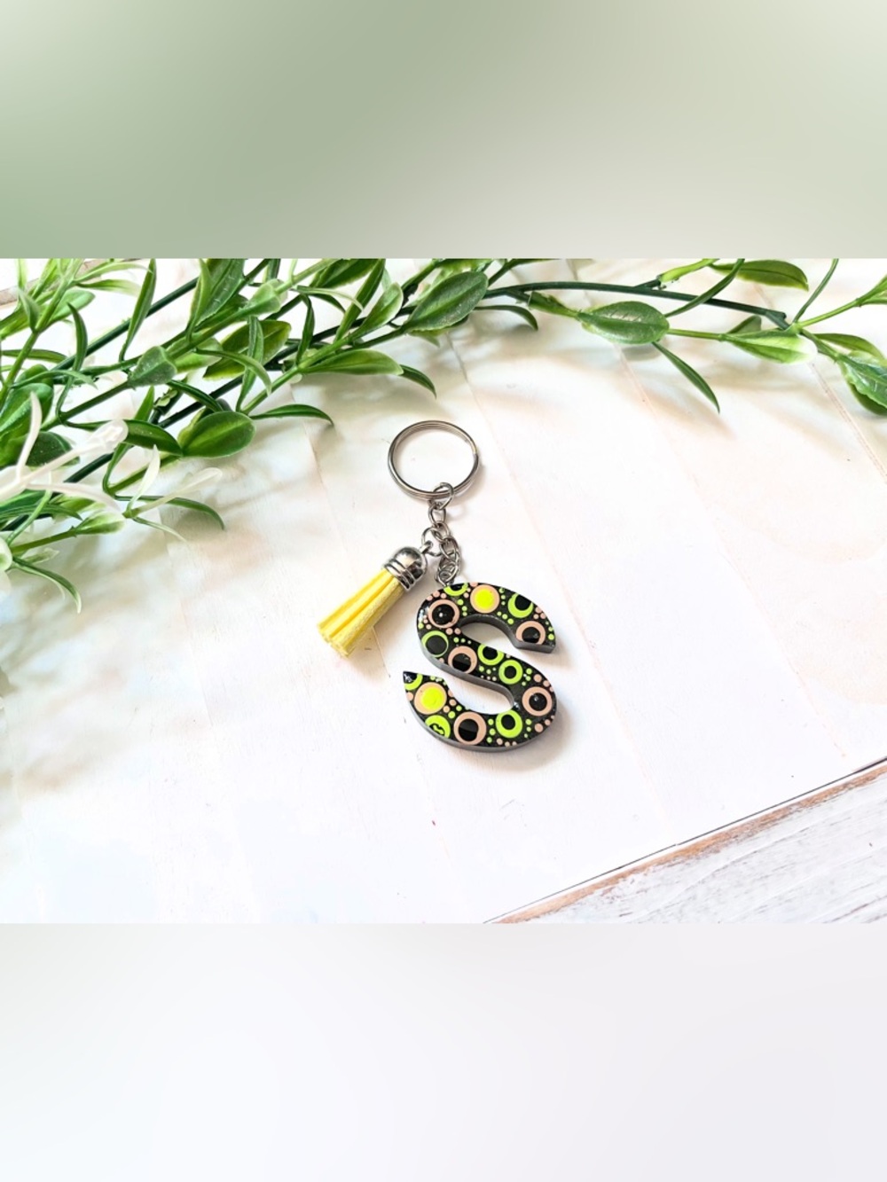 New Personalized 'S' Monogram Keychain with Yellow Tassel